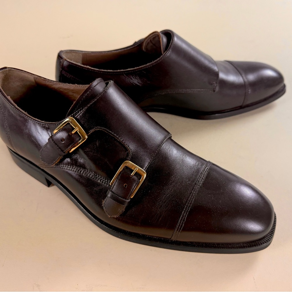 Men's Paolo Sartori Brown Leather Double Monk Buckle Oxford Made in Italy 11 NWT